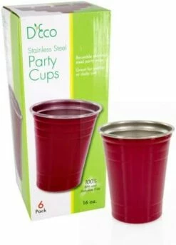D'Eco Reusable Stainless Steel Red Party Cups (6 Pack, 16 Oz Each)